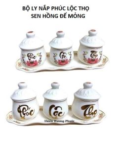 1 Bộ Ly Nắp Phúc Lộc Thọ Sen Hồng Đế Mỏng