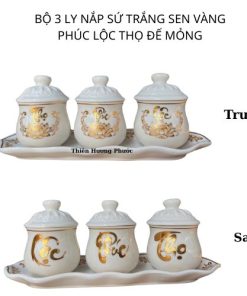 3 Ly nắp sứ trắng sen vàng đế mỏng